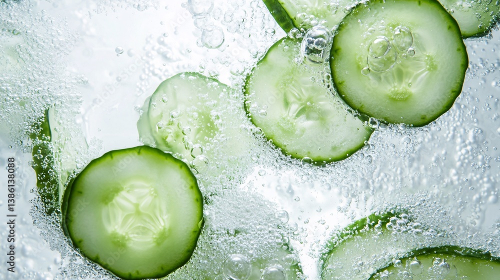 Poster Cucumber slices floating in water creating bubbles
