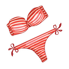Obraz premium Fashion beach red retro striped swimsuit. Women bikini flat vector illustration. Female stylish summer clothes. For sticker, design, season sale and decoration.