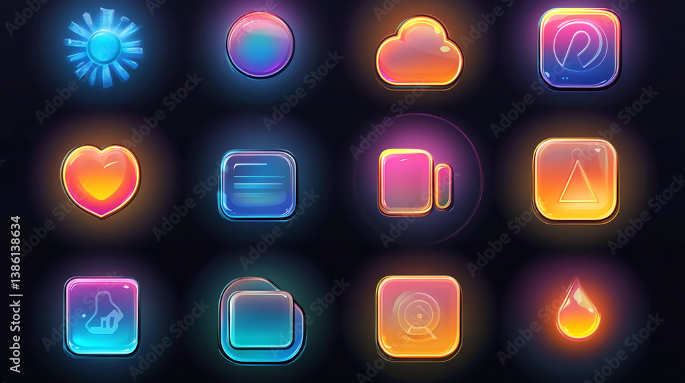 Poster glowing app icons set ui design elements for mobile and web application user interface vector design