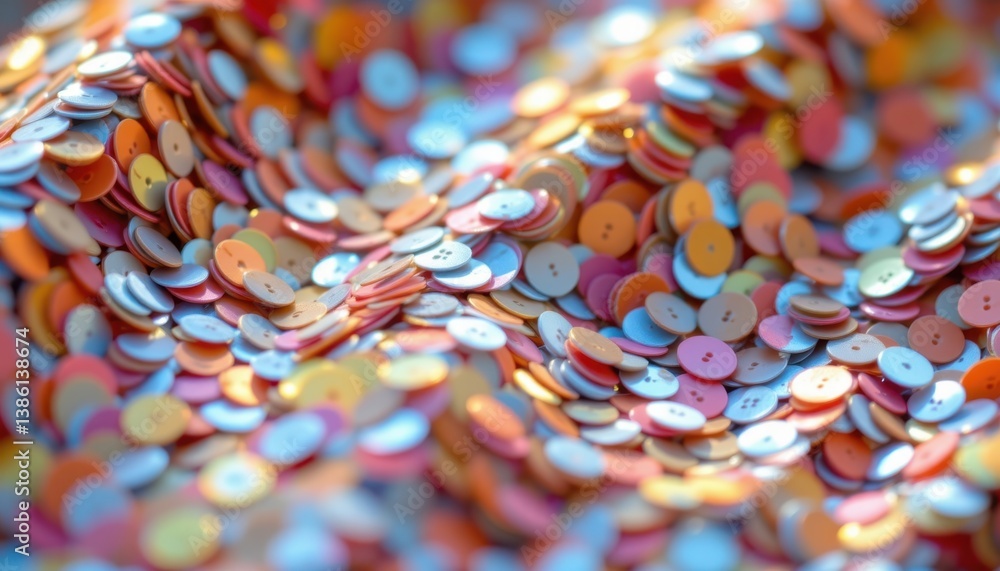 Poster close up of shimmering sequins in an assortment of soft colors, catching light.