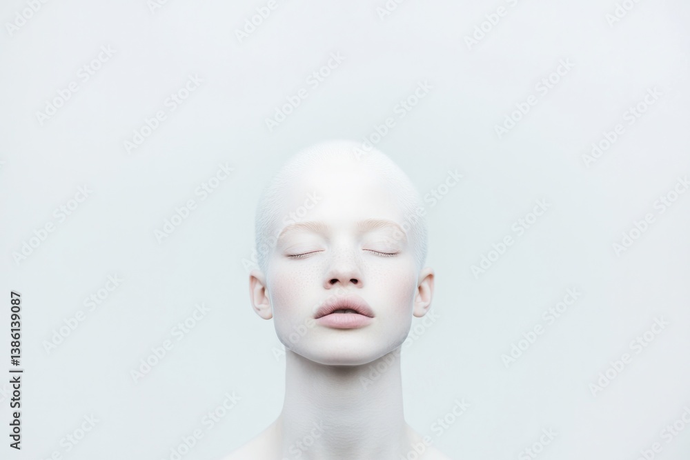 Poster minimalistic portrait of individual highlighting albinism traits on blurred background emphasizing i