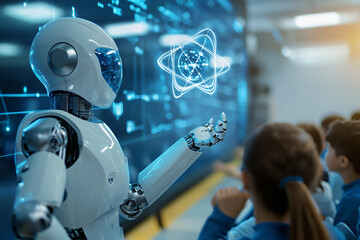 humanoid robot professor gesturing toward quantum physics equation projected on transparent digital screen