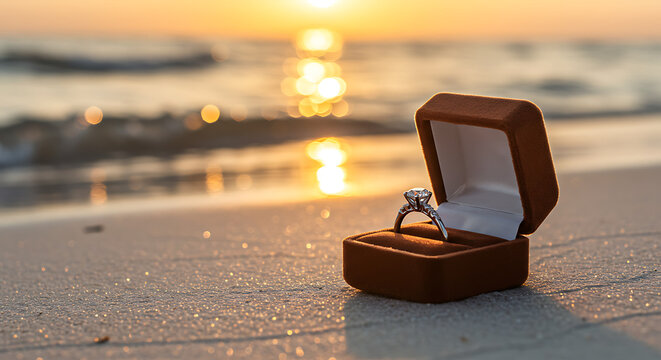 Engagement ring displayed in a box on the beach at sunset  