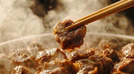 A close-up of chopsticks picking up meat from a steaming hot pot.