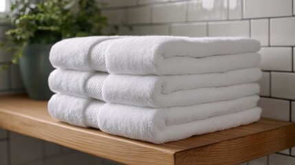 A stack of crisp white towels neatly folded on a wooden shelf in a bathroom