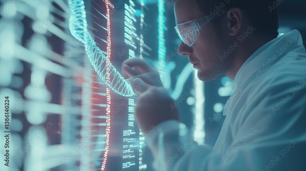 Poster medical researcher analyzing data in high-tech laboratory setting