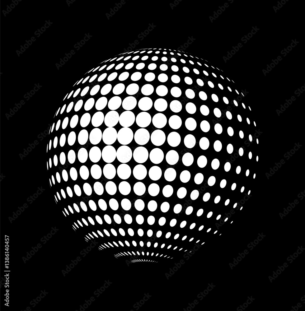 Aufkleber optical illusion of a dotted sphere made of white circles on a black background, creating a 3d effec