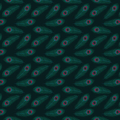 Seamless pattern with artistic green peacock feathers
