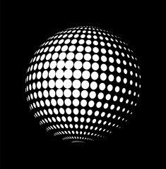 Optical illusion of a dotted sphere made of white circles on a black background, creating a 3D effect, representing digital depth and abstract form. Vector illustration