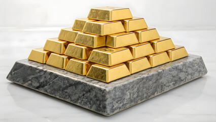 Gold bars neatly stacked in pyramid formation on stone base, showcasing luxury and wealth. gleaming gold reflects light beautifully