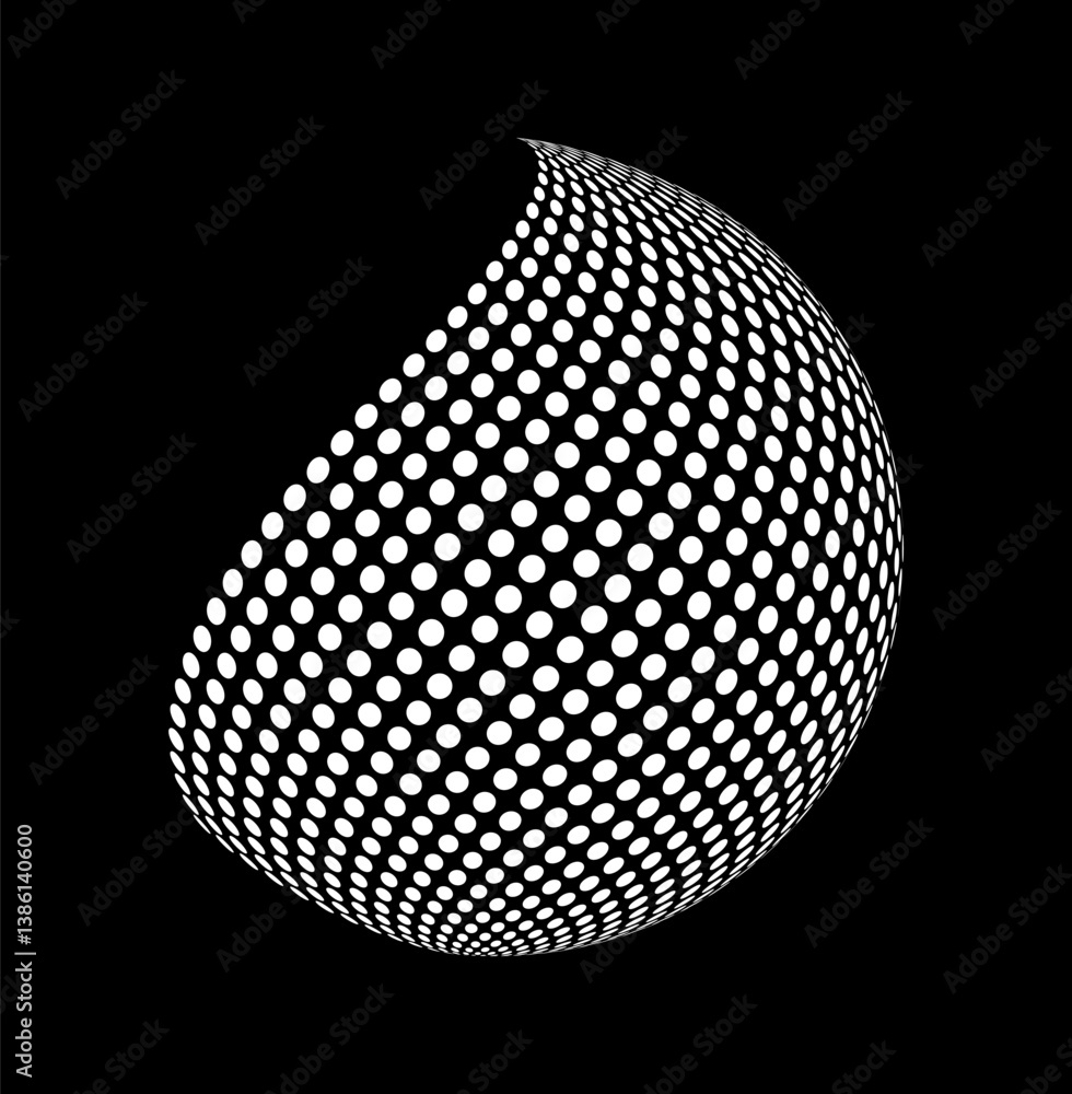 Poster abstract twisted sphere made of white halftone dots on a black background, creating a dynamic optica
