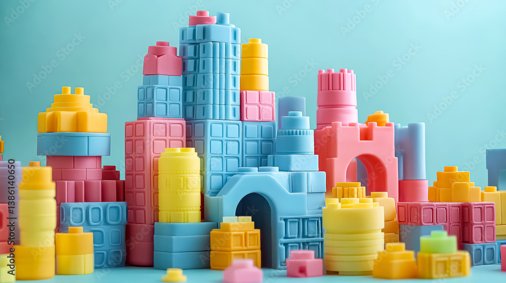 Poster colorful city made of blocks is displayed on a blue background. the blocks are of different colors a