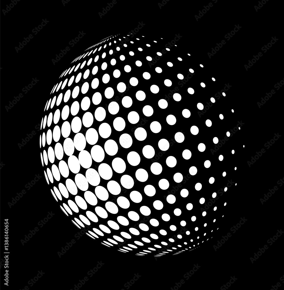 Poster abstract halftone sphere made of white circular dots on a black background, creating a 3d illusion o