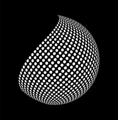 Abstract twisted sphere made of white halftone dots on a black background, creating a dynamic optical illusion effect. Concept of motion and transformation. Vector illustration