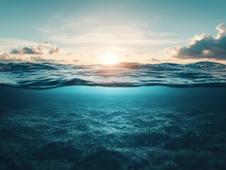 Obraz premium Ethereal ocean view capturing the tranquil sea surface and serene underwater world at sunset with soft light and calm waves