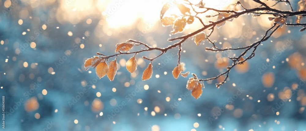 Poster golden leaves on a branch covered in frost with a bokeh background during a gentle snowfall in winte