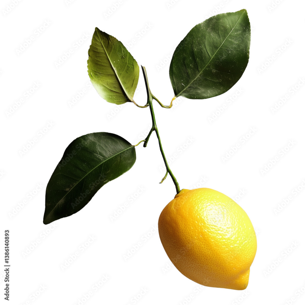 Poster a vibrant lemon hanging from a branch with glossy leaves, highlighting its texture and color. isolat