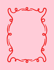 Ornamental red curly border drawing with loops on a soft pink background, stylized in a simple hand-drawn graphic style. Vector illustration