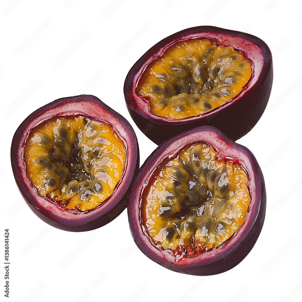Poster three halved passion fruits display their vibrant yellow pulp and seeds highlighting their unique te