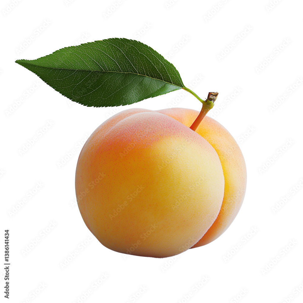 Poster a single, ripe peach with a green leaf showcasing its smooth texture and warm colors. isolated on wh
