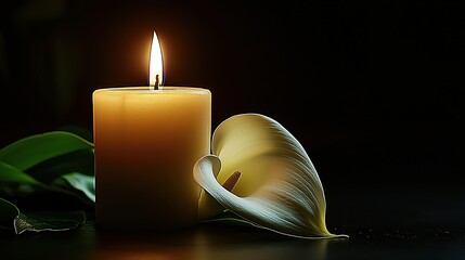 Burning candle with white lily flower on black background – Memorial scene for obituary graphics, funeral visuals, remembrance design, sympathy cards, or tribute content.