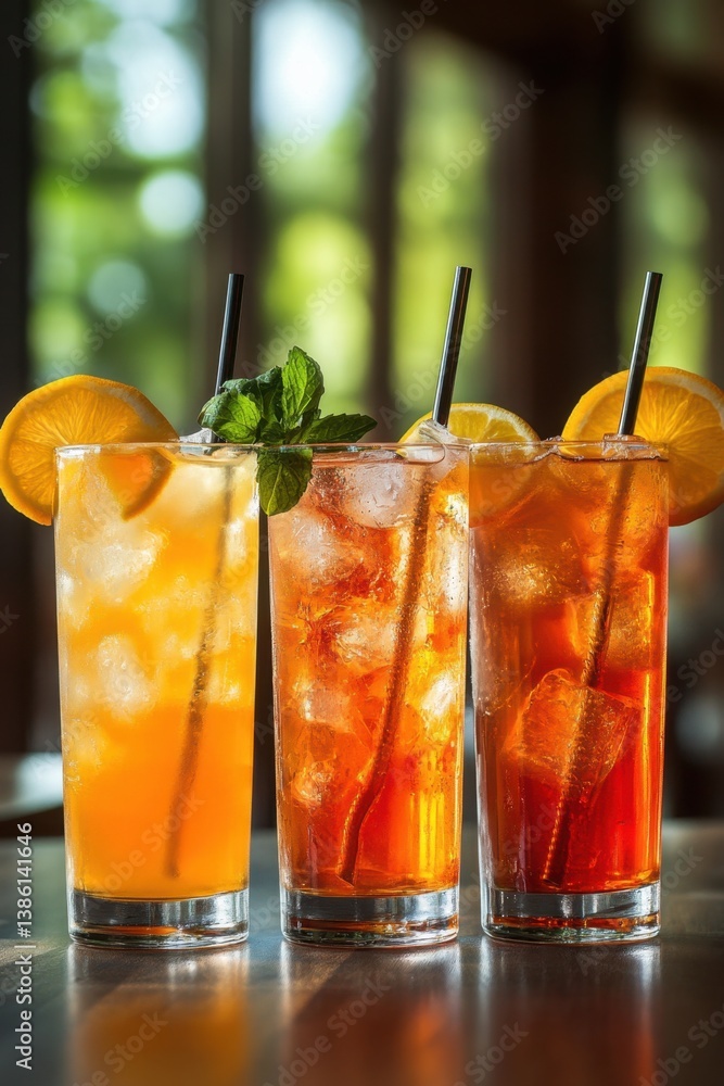 Poster three refreshing summer cocktails with ice cubes and fruit slices on a table in a bar setting showca