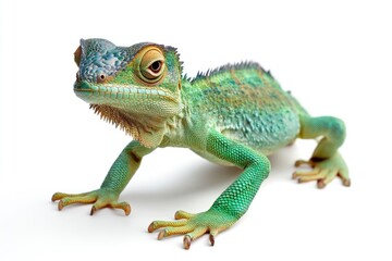 Obraz premium Standing Green Crested Lizard Close Up on White Backdrop Studio Shot