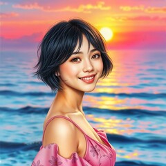 Happy Girl at Sunset by the Sea