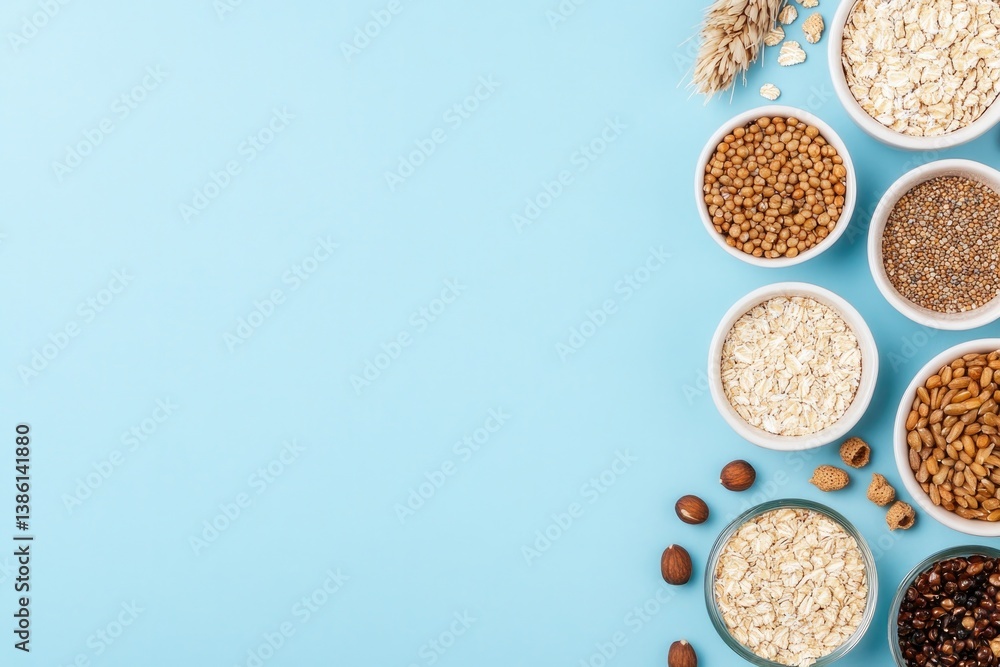 Poster minimalistic top-down view of assorted grains and cereals arranged on clean solid color background