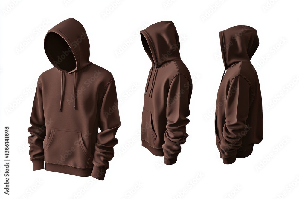 Poster brown hoodie featuring a front pocket and adjustable drawstring showcased from multiple angles on a 
