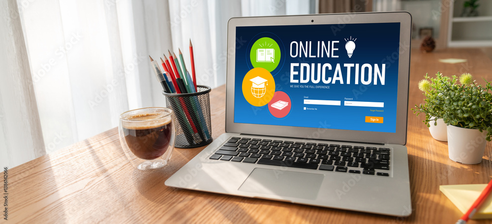 Poster e-learning website with modish sofware for student to study online on the internet network