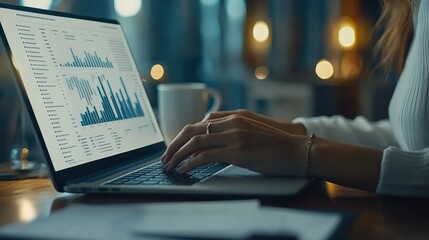 A close-up of a businesswoman typing on a laptop with financial documents and a cup of coffee on the desk