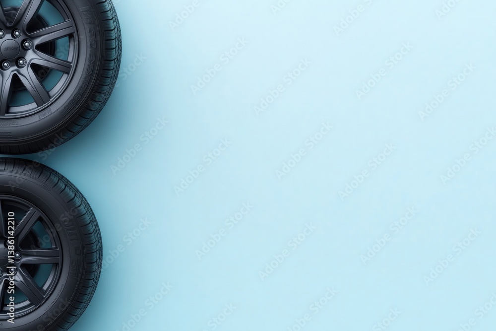 Poster minimalistic top-down view of tires and wheels on clean solid color background emphasizing product d