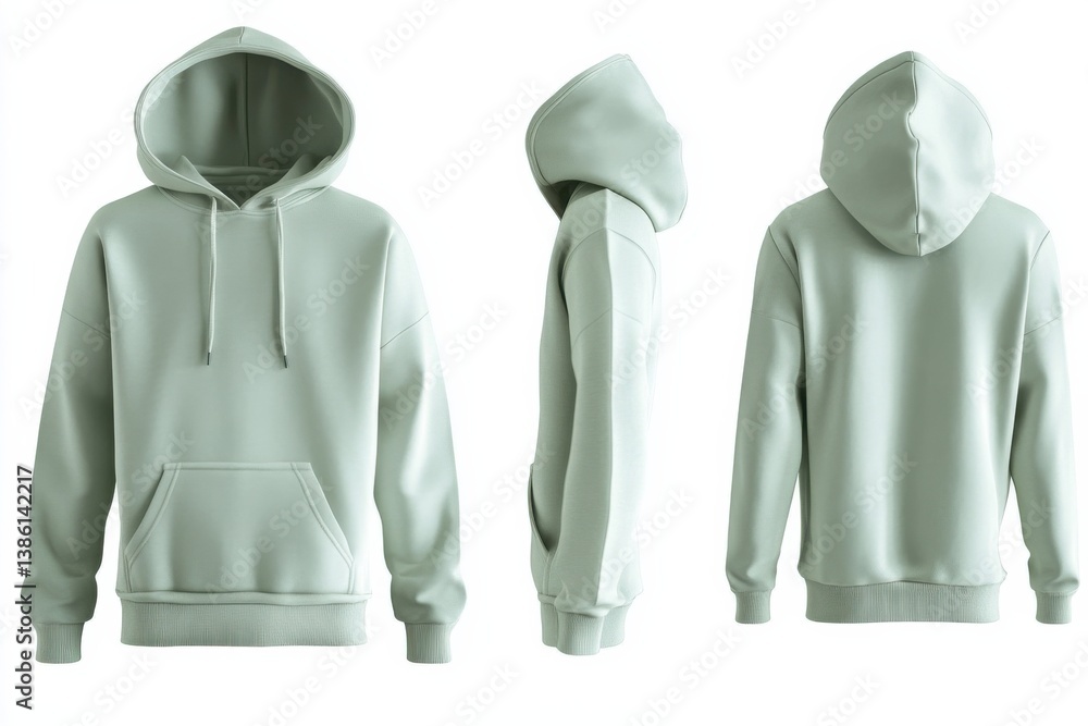 Poster light green hoodie displayed from multiple angles showcasing its design and features for casual wear