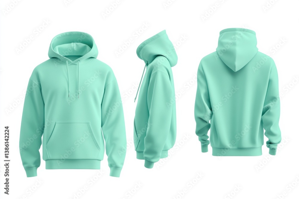 Poster Soft mint green hoodie displayed from multiple angles showcasing its comfortable design and practical features