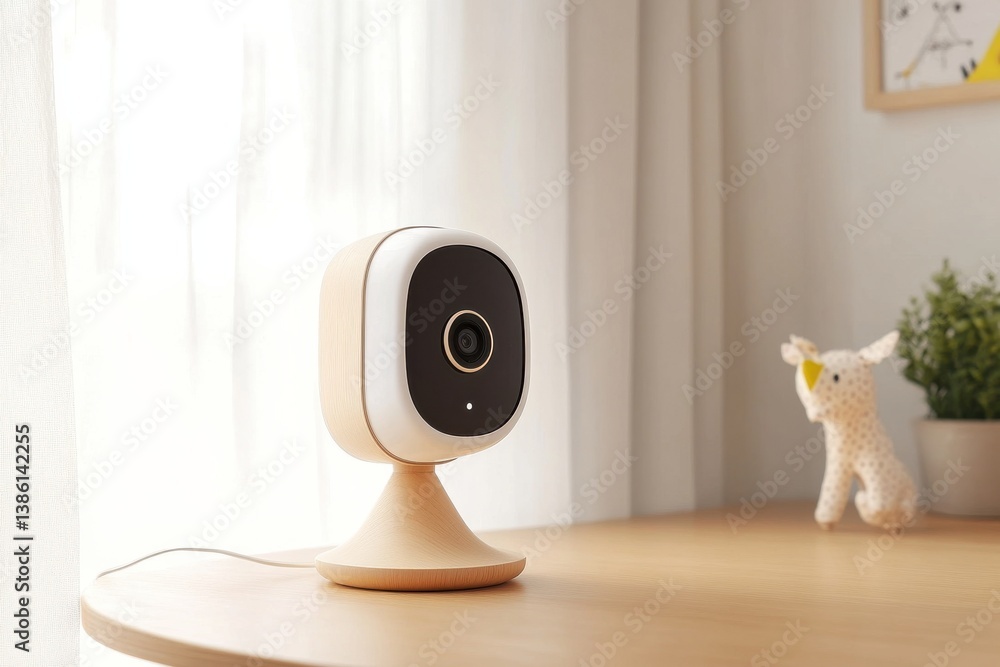 Poster smart camera on wooden stand in a well-lit room with decorative items and soft natural light filteri