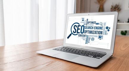 SEO search engine optimization for modish e-commerce and online retail business showing on computer...