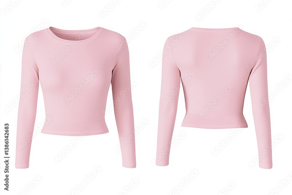 Poster long sleeve pink shirt displayed from front and back, showcasing a stylish and minimalist design per