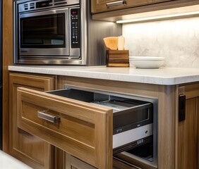 Fototapeta premium Modern kitchen with integrated microwave and smart drawer for efficient storage.