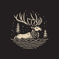 Fototapeta premium Caribou Swim Vector Illustration – Vintage Retro Logo Design on Black Background