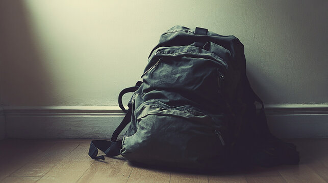 Heavy backpack lying slouched on a floor pale backgr