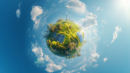Tiny planet with wind turbines and solar panels, green grassy surface, blue sky background, high-angle view, bright daylight. Ai generated