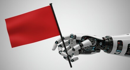 Robotic arm holding a red flag representing caution in ai and automation