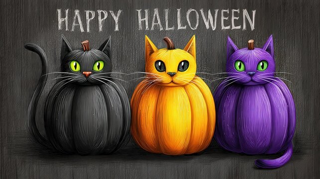 halloween art illustration whimsical pumpkins with ironic touches "Happy Halloween" 
