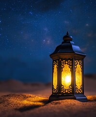 A glowing lantern casts warm light on desert sands under a starlit night sky.