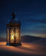 Intricate lantern casting warm light over serene desert dunes under starry night sky.