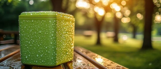 Lime green cooler chilling on wooden picnic table in summer park