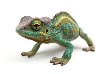 Fototapeta premium Chameleon Walking Isolated on White Background Portrait for Wildlife and Nature