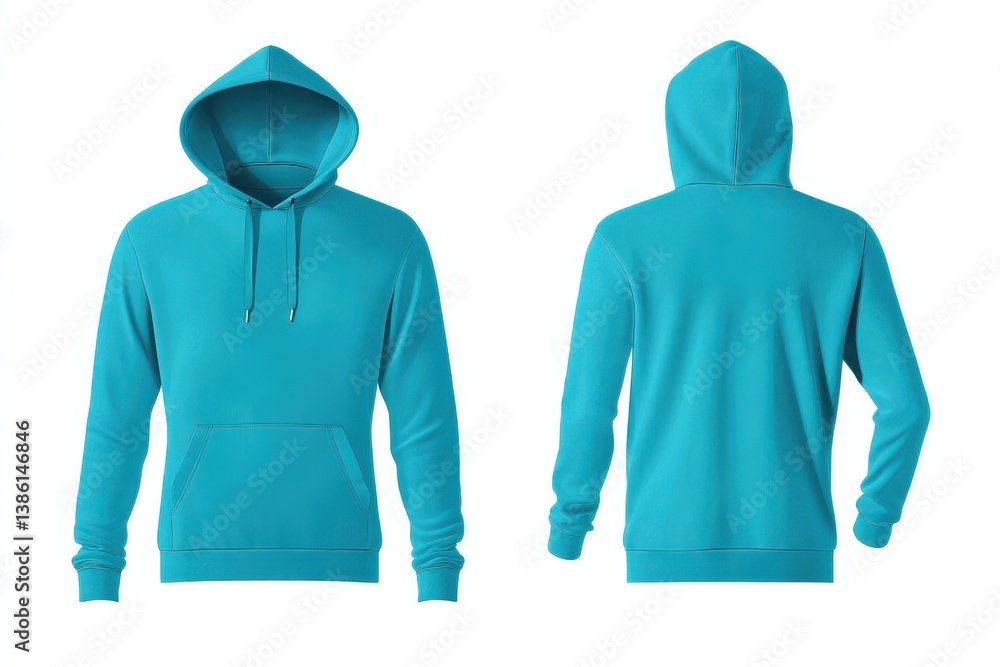 Poster Bright turquoise hoodie displayed from front and back, showcasing design and color in a clear view suitable for casual wear