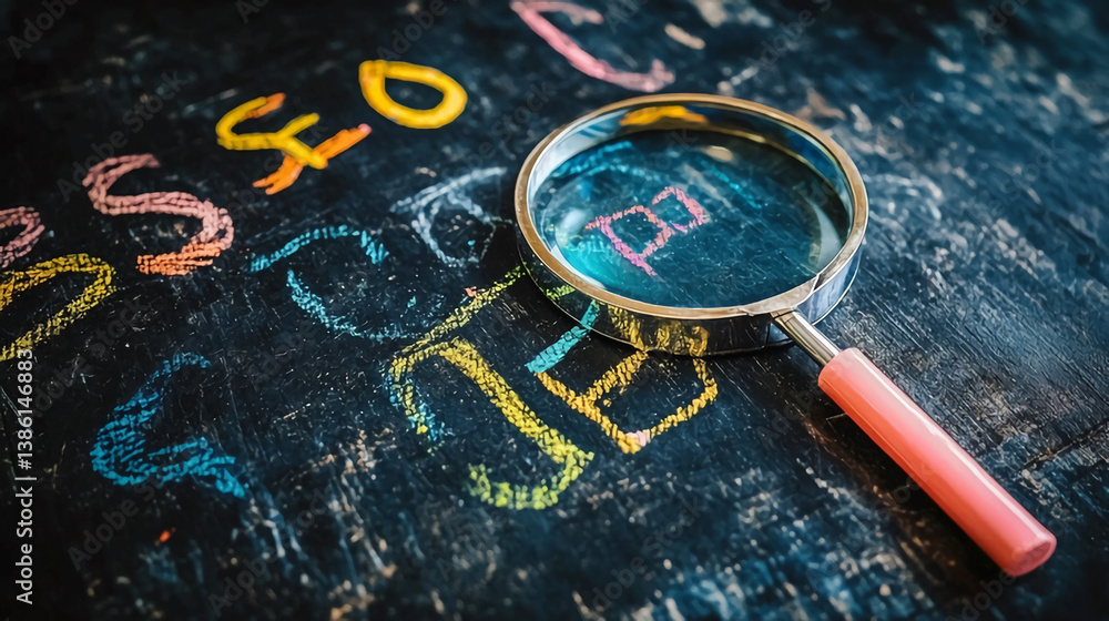 Poster seo strategy and search engine optimization concept with magnifying glass on chalkboard background a